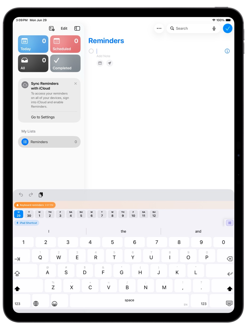 Keyflow keyboard running on iPad in Reminders