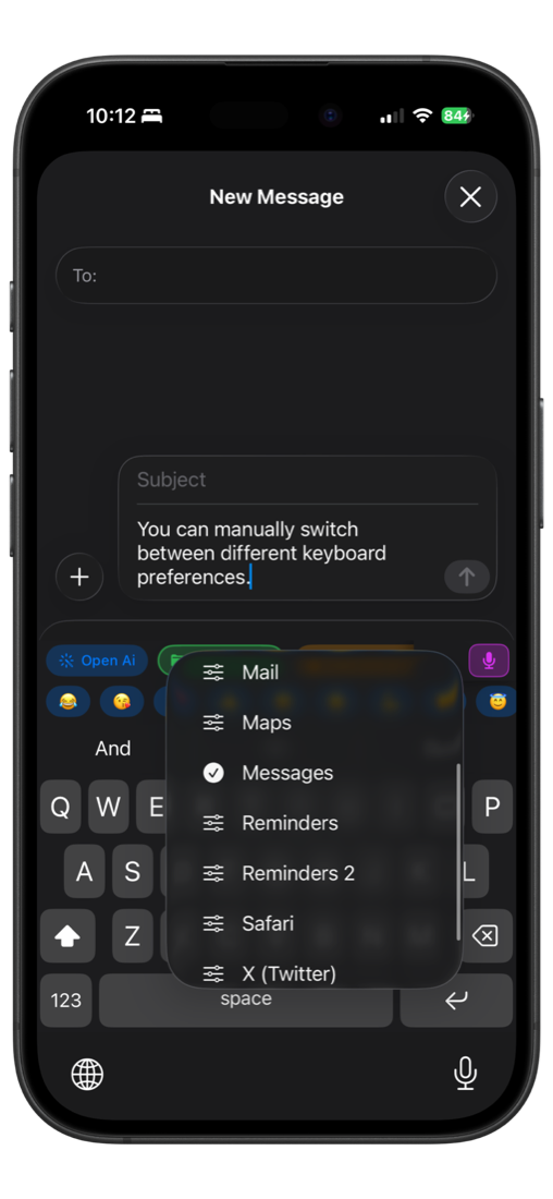 Keyflow preference switcher open above the keyboard